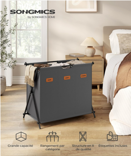 Korpa za veš 135 litara, 3 pretinca, sklopivi X-okvir, si